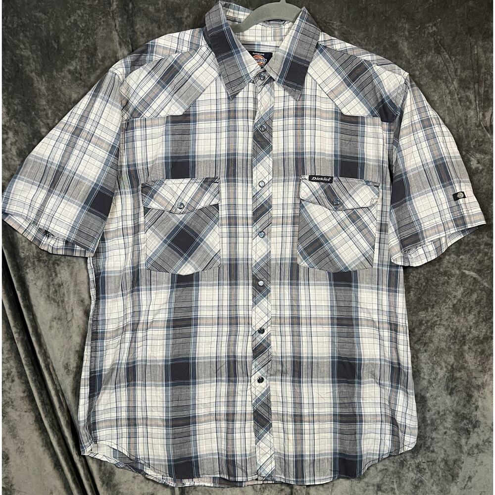 Dickies Plaid Short Sleeve Button Up Shirt Men’s XL Workwear Gray Blue